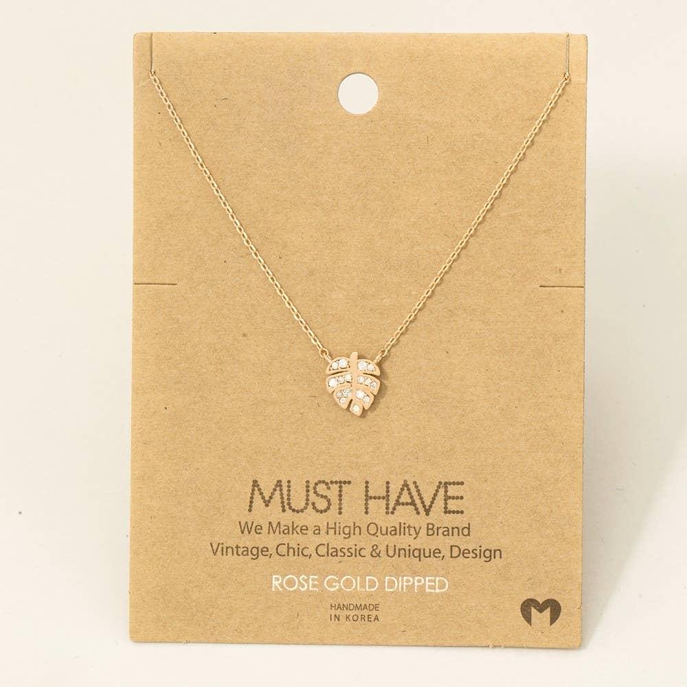 Gold Dipped Cz Monstera Leaf Pendant Necklace