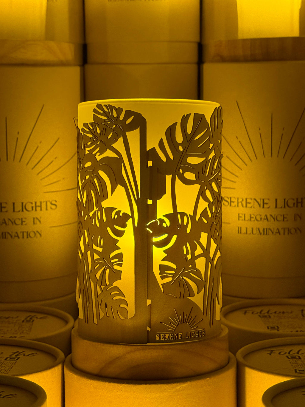 House Plant Jungle, Decorative Candle Holder – Laser Etched, Handmade Wood Veneer, Rechargeable LED Candle