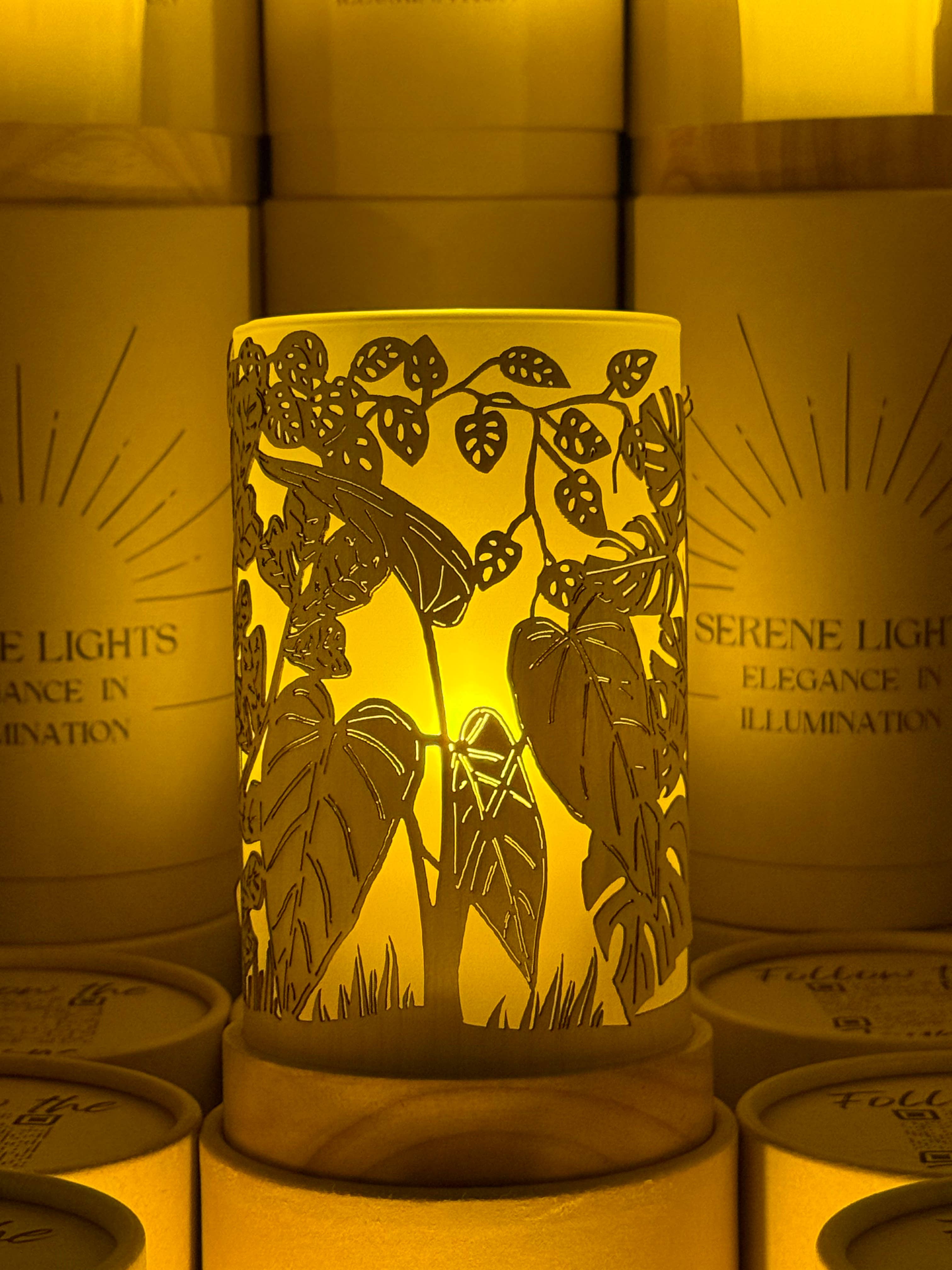 House Plant Jungle, Decorative Candle Holder – Laser Etched, Handmade Wood Veneer, Rechargeable LED Candle
