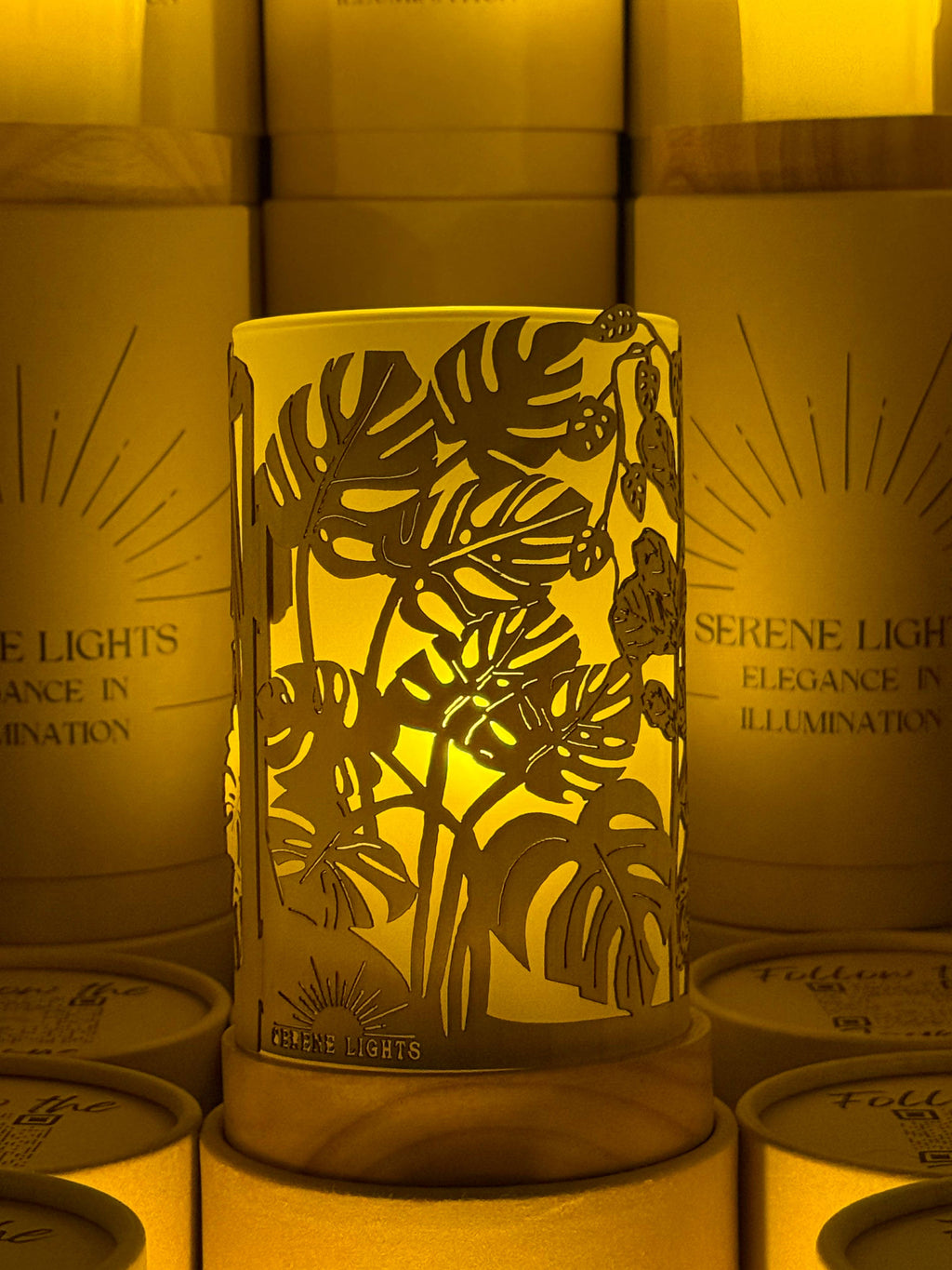 House Plant Jungle, Decorative Candle Holder – Laser Etched, Handmade Wood Veneer, Rechargeable LED Candle