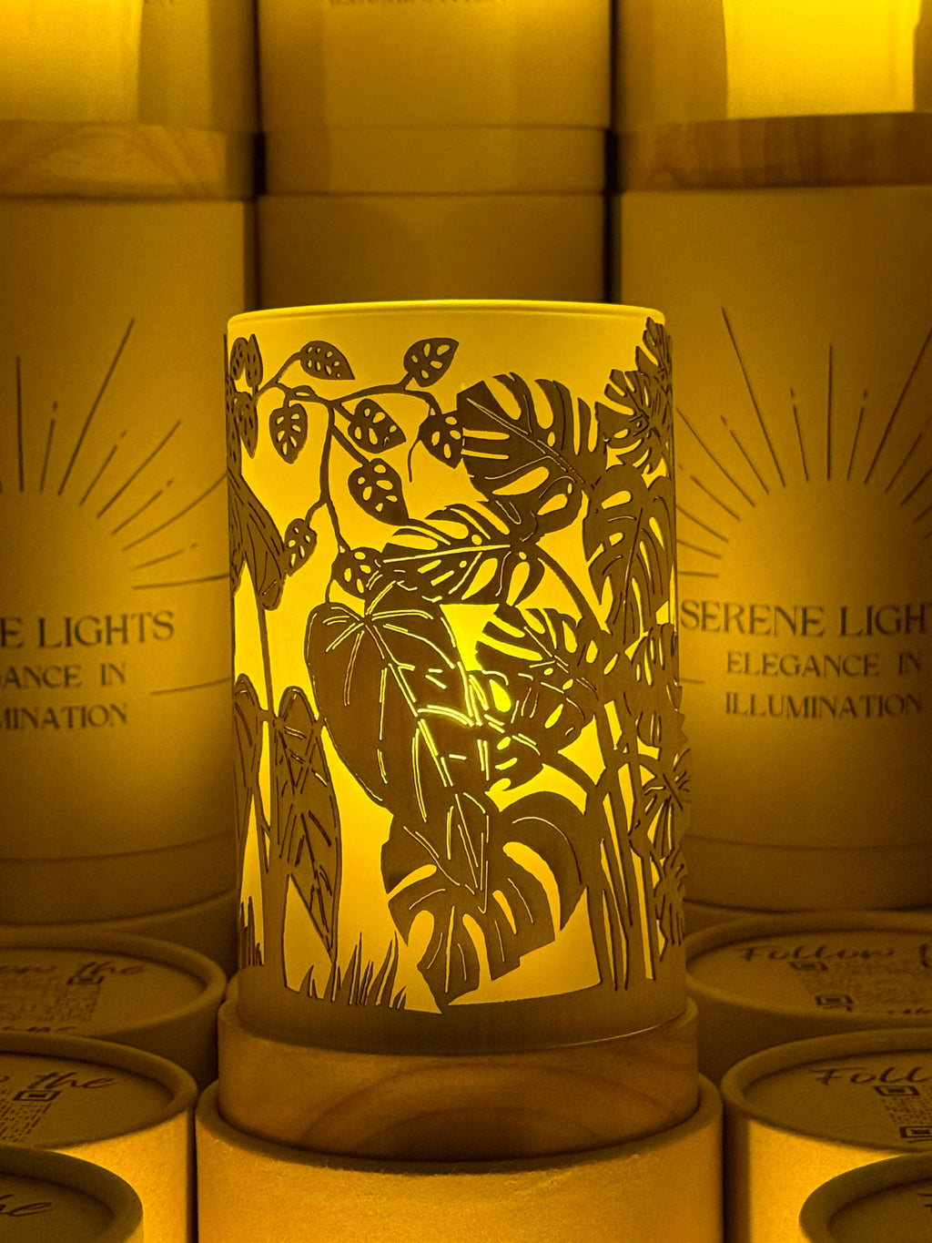 House Plant Jungle, Decorative Candle Holder – Laser Etched, Handmade Wood Veneer, Rechargeable LED Candle
