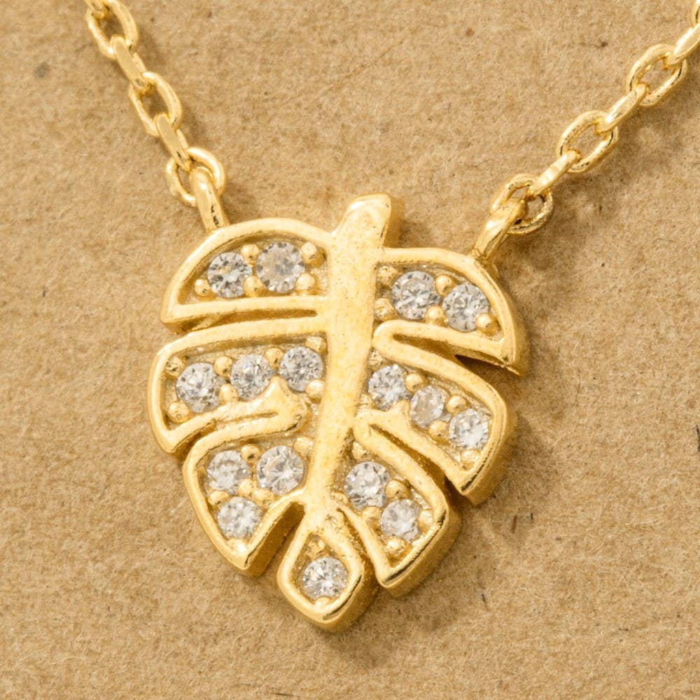 Gold Dipped Cz Monstera Leaf Pendant Necklace