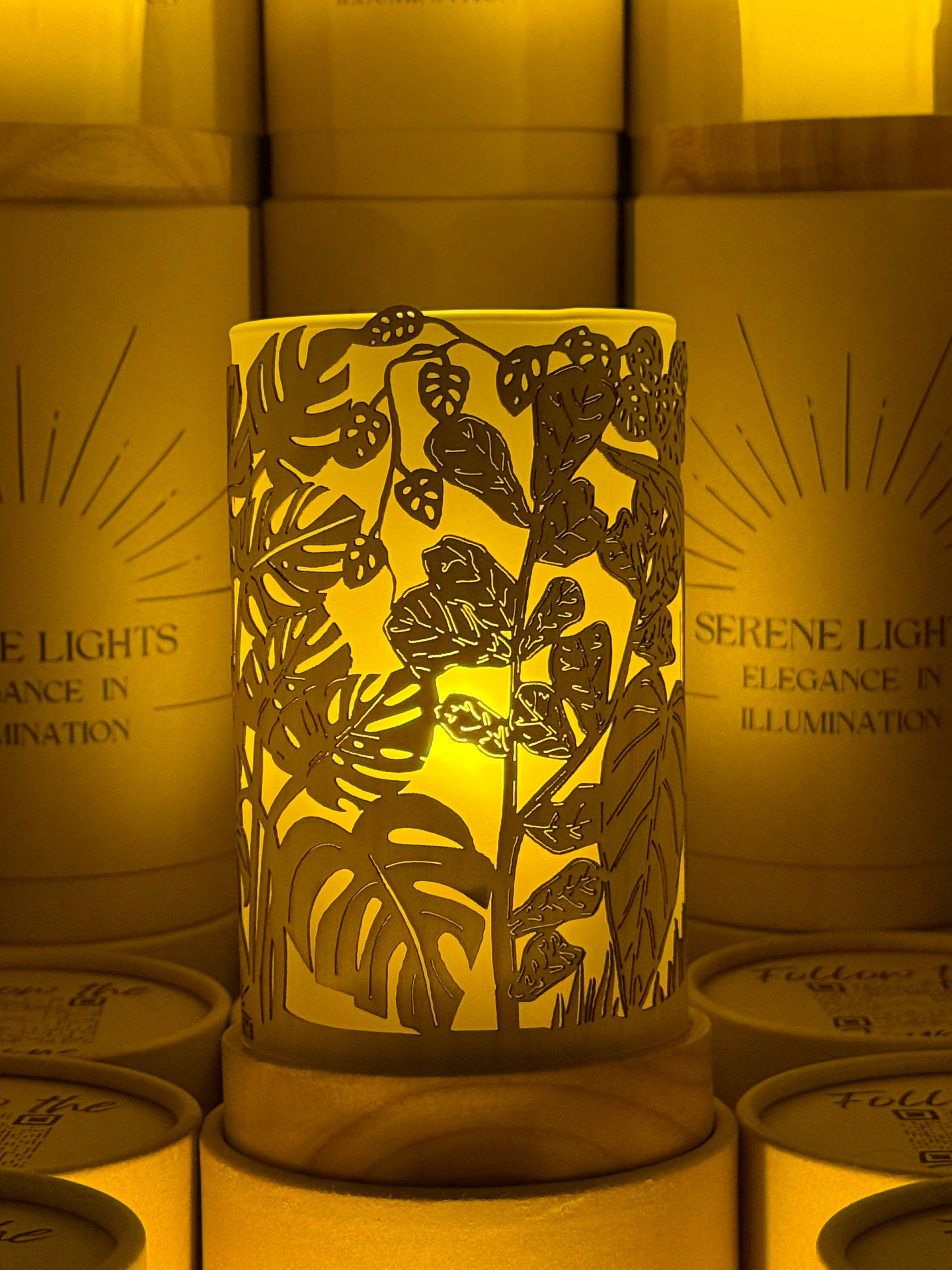 House Plant Jungle, Decorative Candle Holder – Laser Etched, Handmade Wood Veneer, Rechargeable LED Candle