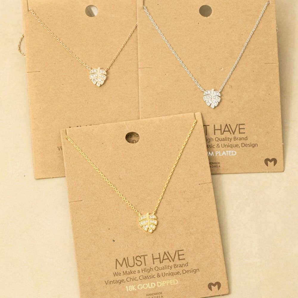 Gold Dipped Cz Monstera Leaf Pendant Necklace