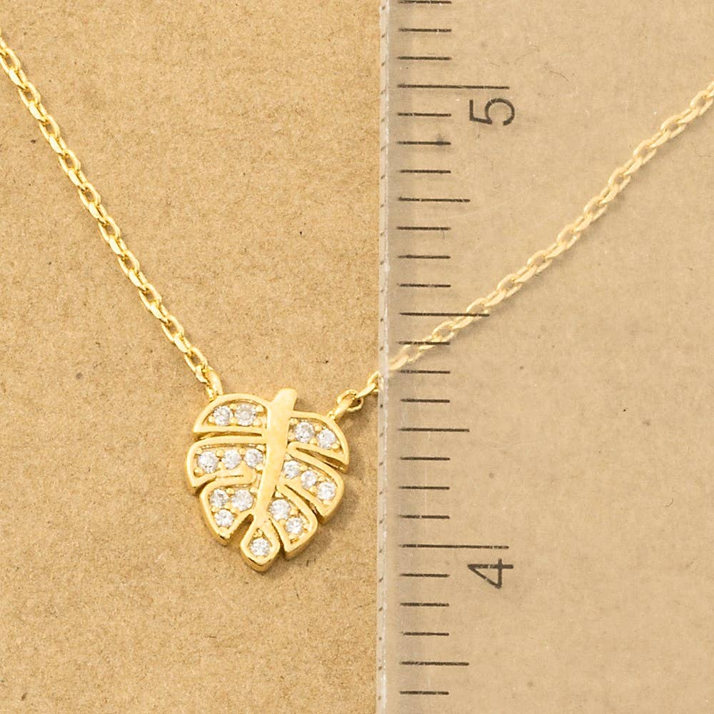 Gold Dipped Cz Monstera Leaf Pendant Necklace